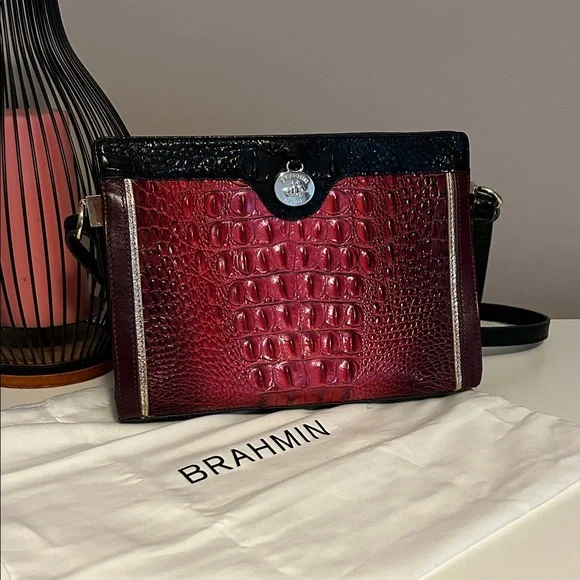 Brahmin Black and Burgundy Croc-Embossed Crossbody - Picture 1 of 4